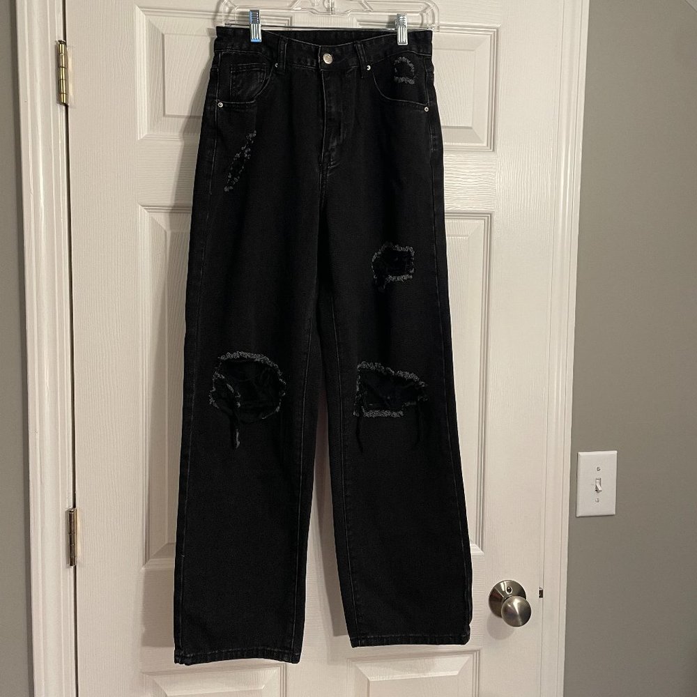 Shein Women's Black High Waisted Wide Leg Ripped Jeans Size 30